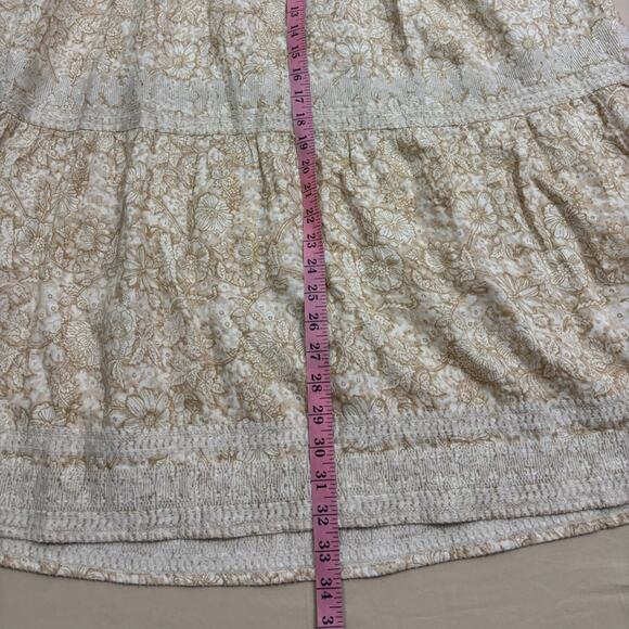 Magaschoni Women's Tan and White Floral Print Tiered Midi Linen Skirt Size Small - Picture 3 of 5
